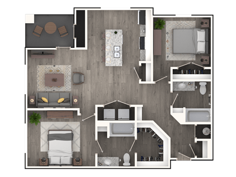 A top-down view of a house layout with a living room, kitchen, dining area, and bedrooms.